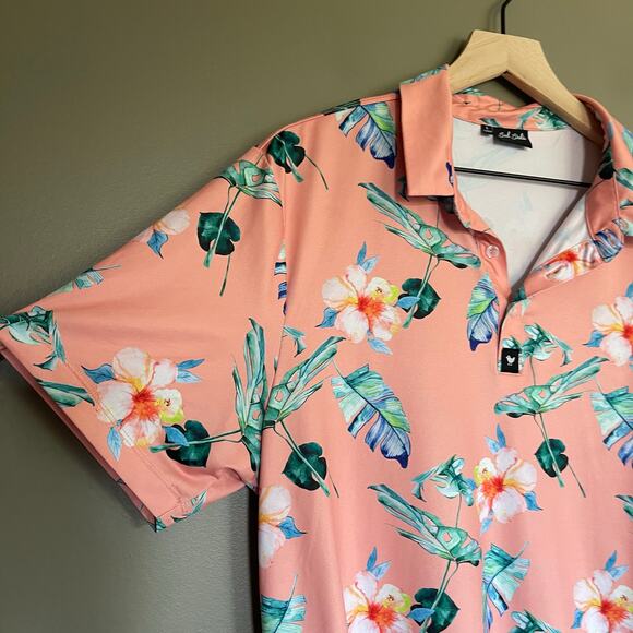 BAD BIRDIE Fresco Short Sleeve Polo‎ Shirt Large Pink Green Floral Golf Casual - Picture 8 of 13